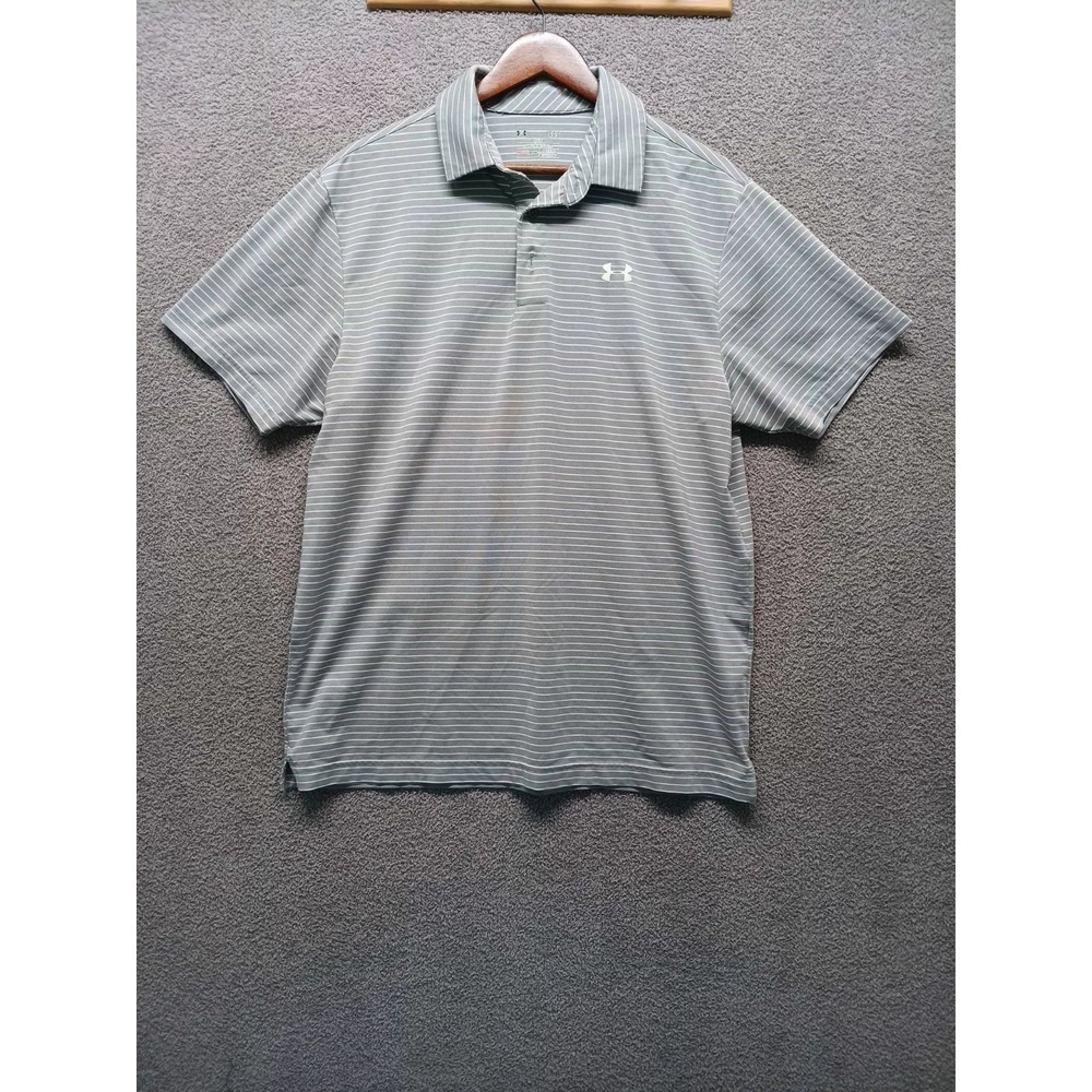 Under Armour HeatGear Golf Polo Shirt Gray Stripe Loose Fit Men's L 0374